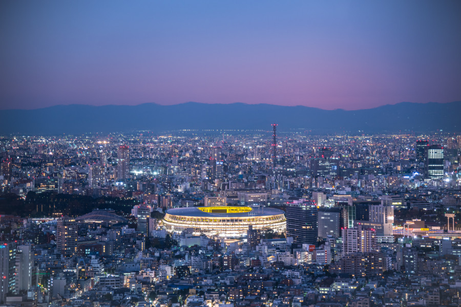 Aerial view of Olympic Stadium in twilight