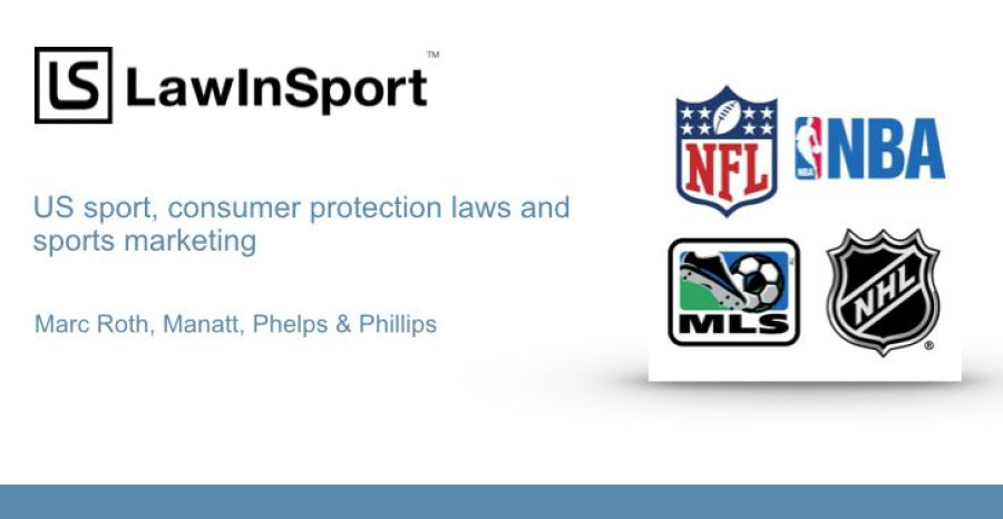 Podcast cover - Consumer Protection and Sports Marketing - NFL, NBA, NHL and MBL