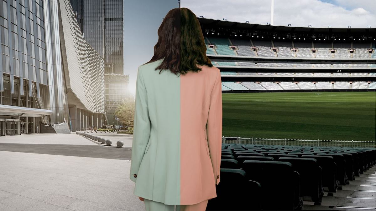 Image of corporate woman in front of half office background and half stadium background