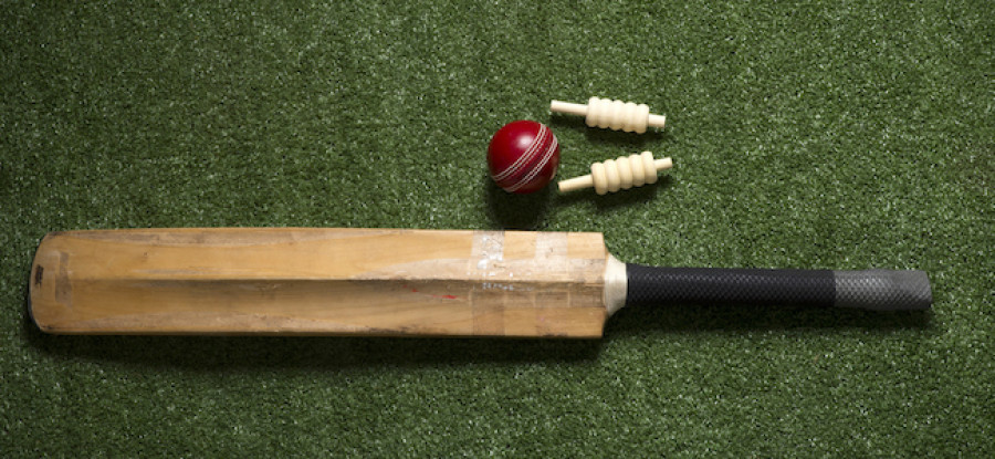 Cricket ball, bat, and wickets on grass