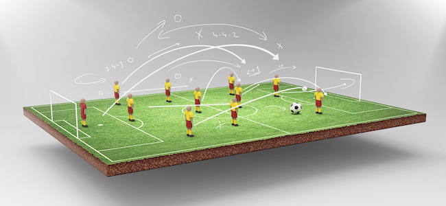 Football strategy illustration above floating football field