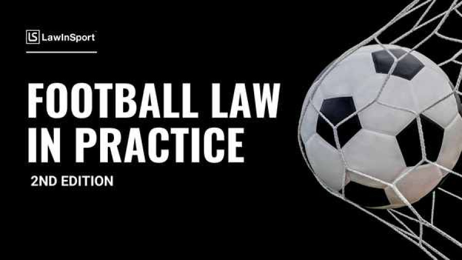  Title image - Football Law In Practice - 2nd Edition Begins with background with football shooting into net. 